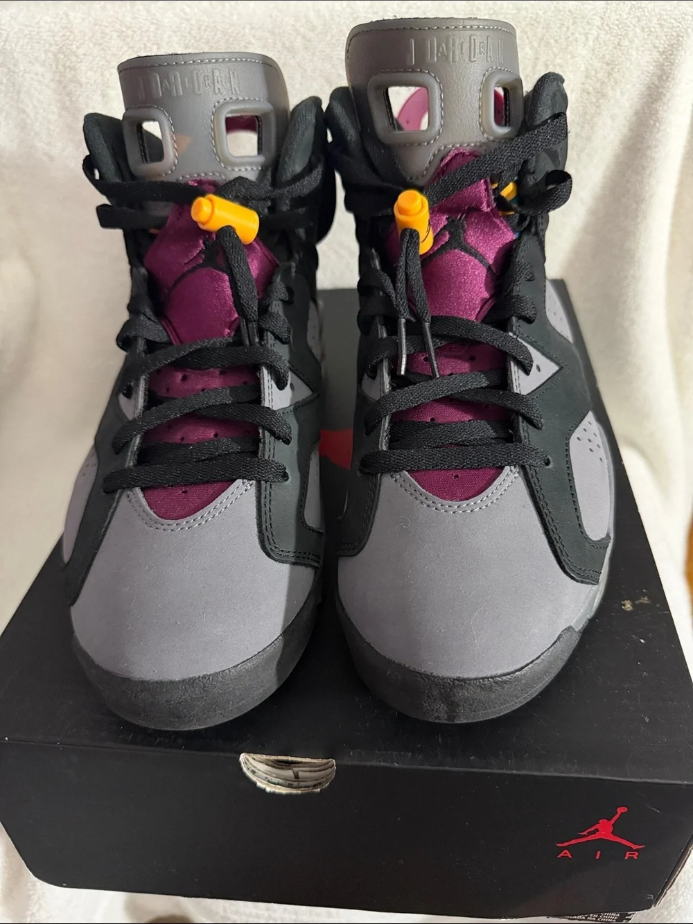 Jordan Bordeaux 7’s Sneakers in Gray, Black & Purple with Yellow Lace Locks